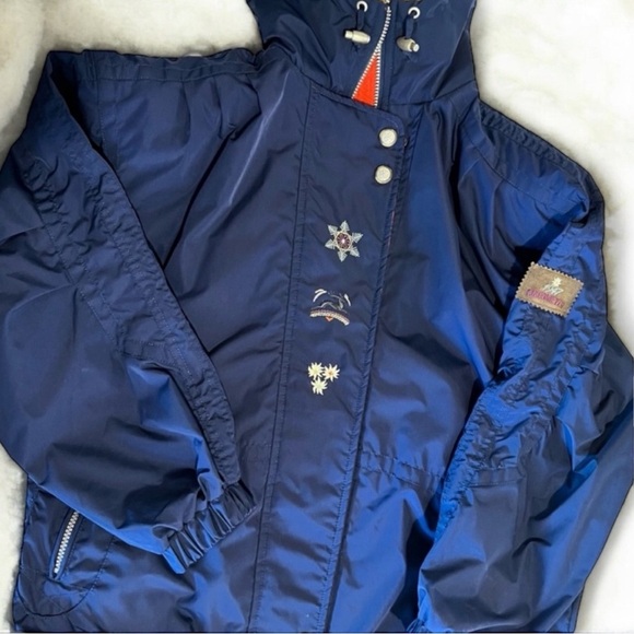 Obermeyer Vintage Rosi Snow Jacket Shell Hooded Blue Gold and Red Women SZ10 - Picture 12 of 16